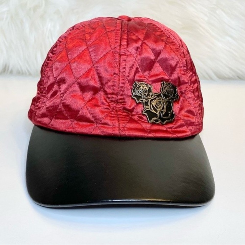 Disney Parks Satin Quilted Red Baseball Cap Hat w/ Enamel Black Rose Mickey